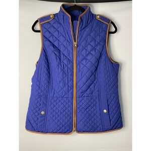 Talbots Quilted Vest Women Medium‎ Blue Brown Trim Full Zip Puffer Sleeveless